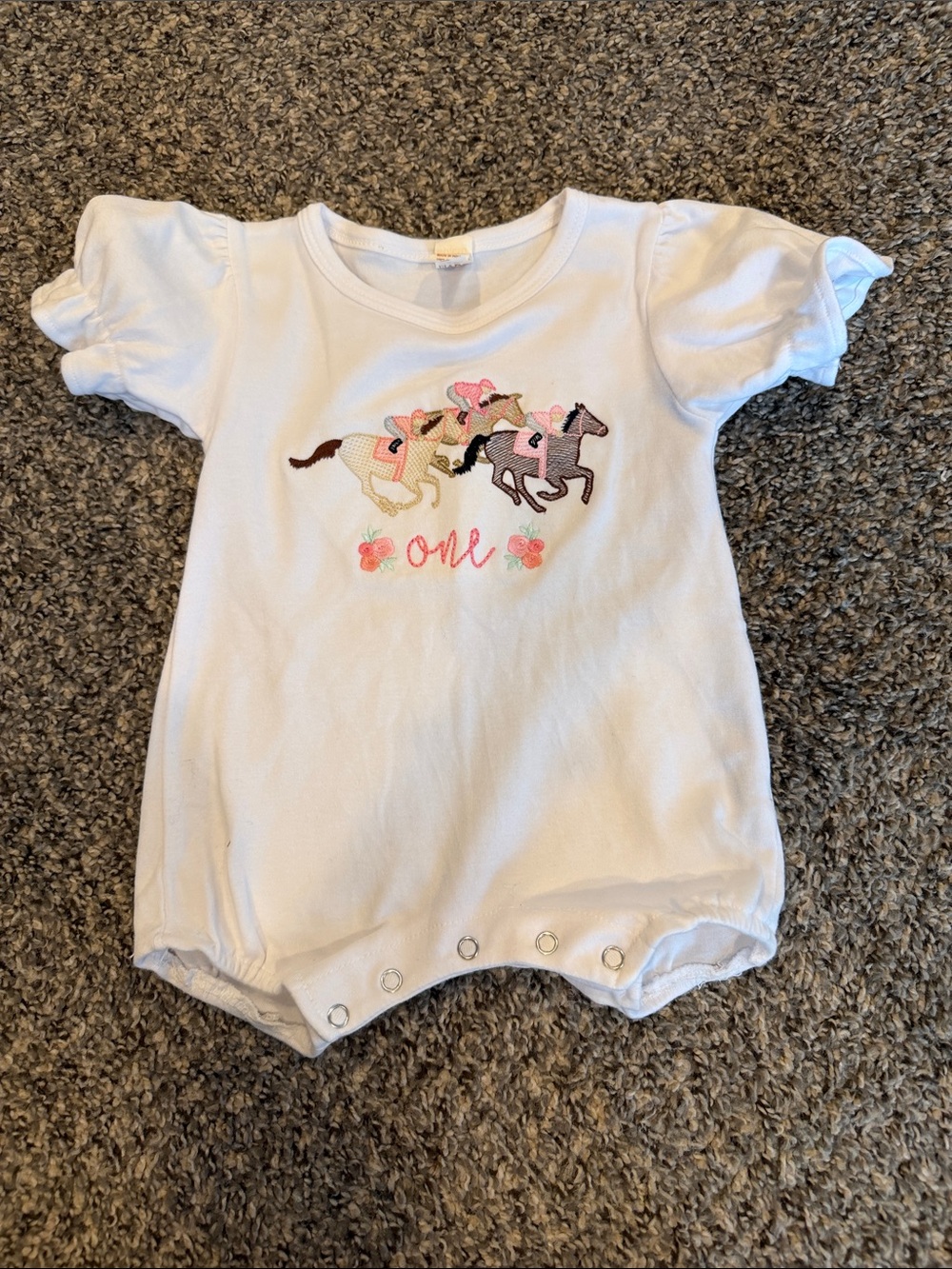 White Infant One-Piece Romper with Embroidered Riding Horses